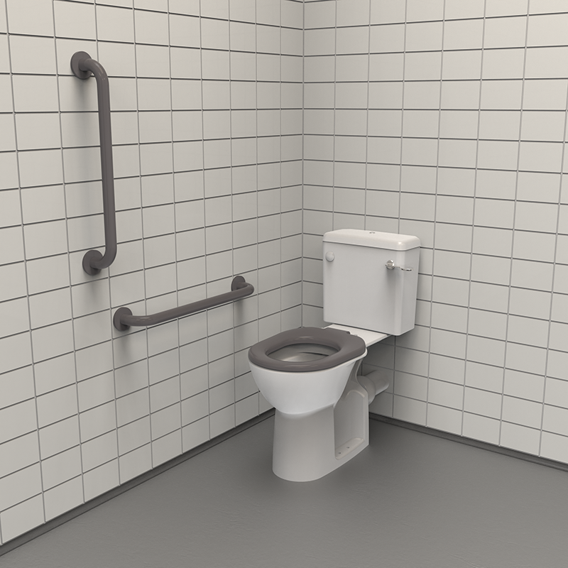 Close Coupled Ambulant WC Pack, steel Grab Rails, exposed fixings, Grey